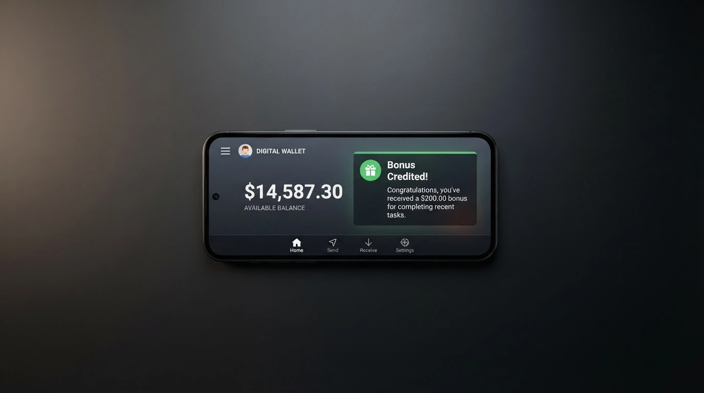 A digital wallet interface showing a Bitcoin balance next to a casino bonus-credited notification on the same screen