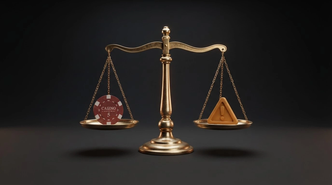 A balanced set of scales with cryptocurrency tokens on one side and a warning triangle on the other, on a dark background