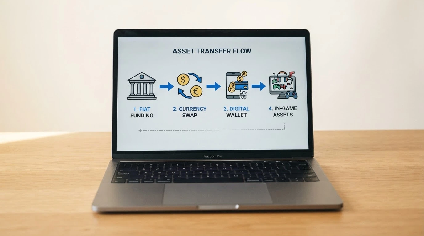 A diagram tracing the route from an Australian bank app through a crypto exchange interface to a wallet app to a casino screen — and the reverse path back