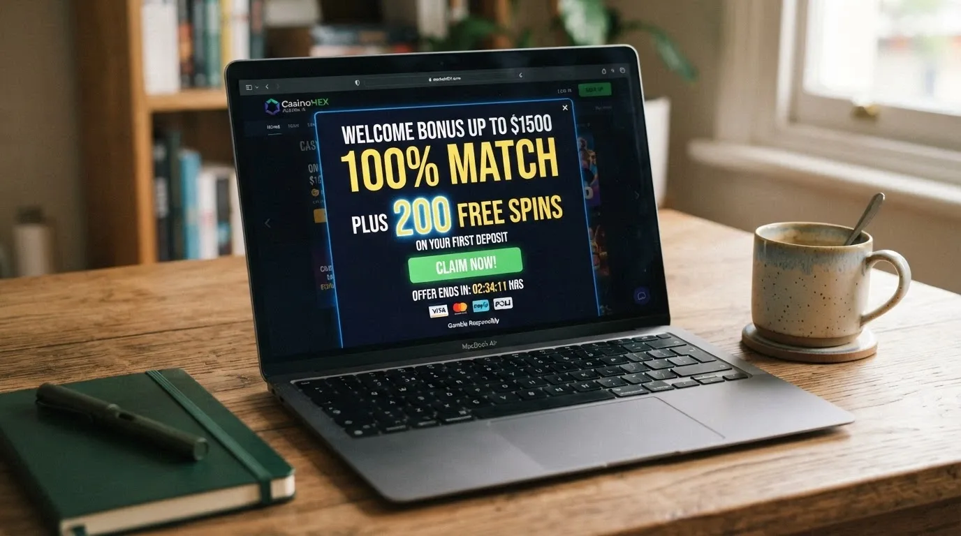A welcome bonus pop-up on a casino site showing a percentage match offer and a free-spin counter