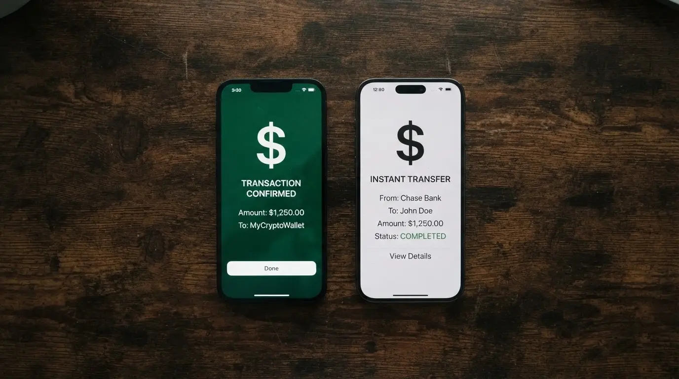 A smartphone showing a USDT TRC-20 transfer confirmation beside an Australian bank app showing a PayID transaction