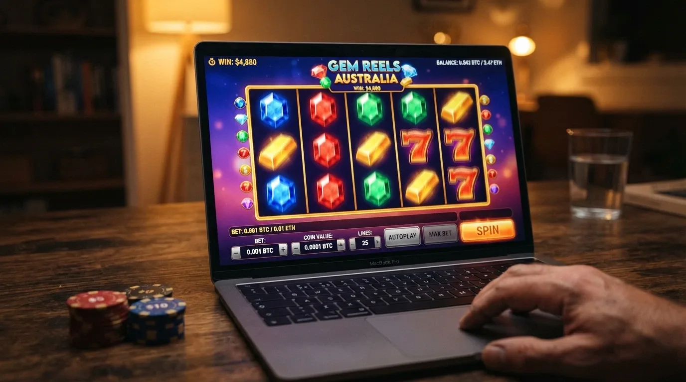 A colourful online pokie game screen with crypto betting denominations displayed in the interface