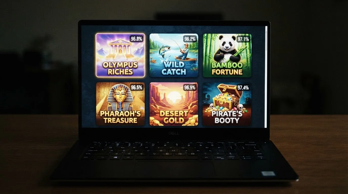 A grid of online pokies tiles with RTP percentages overlaid, including Gates of Olympus and Bigger Bass Splash