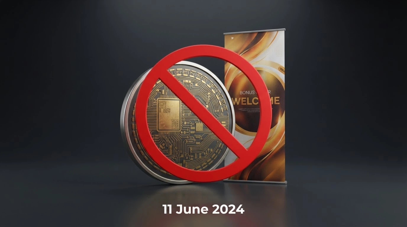 A Bitcoin coin beside a welcome-bonus banner with a red prohibition symbol overlaid and the date 11 June 2024 stamped beneath