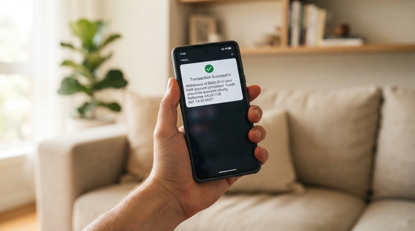 A phone screen displaying a confirmed crypto withdrawal transaction notification