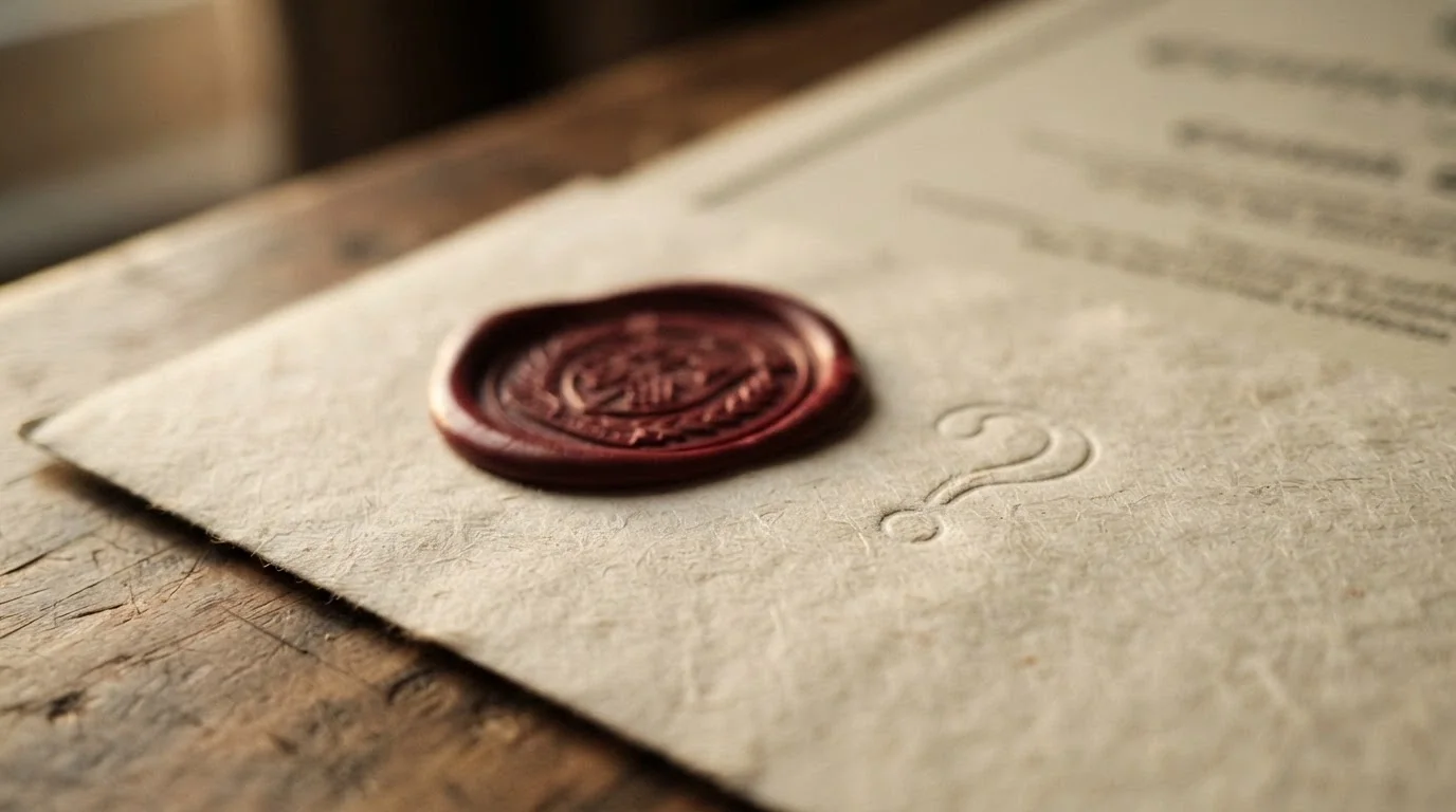 A close-up of a gaming licence certificate with a Curacao seal, partially out of focus, with question marks overlaid