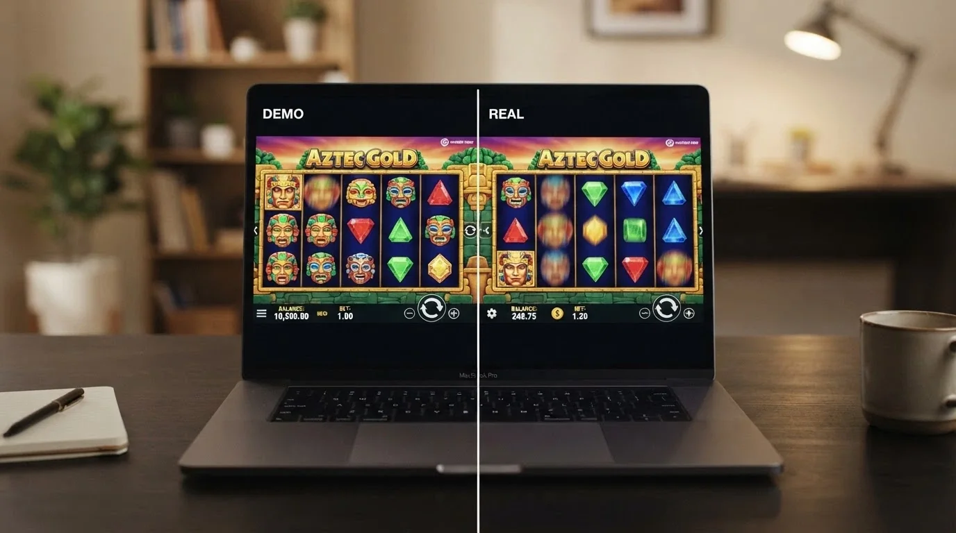 A split screen showing the same pokie in demo mode (play-money balance) on the left and real-money mode on the right