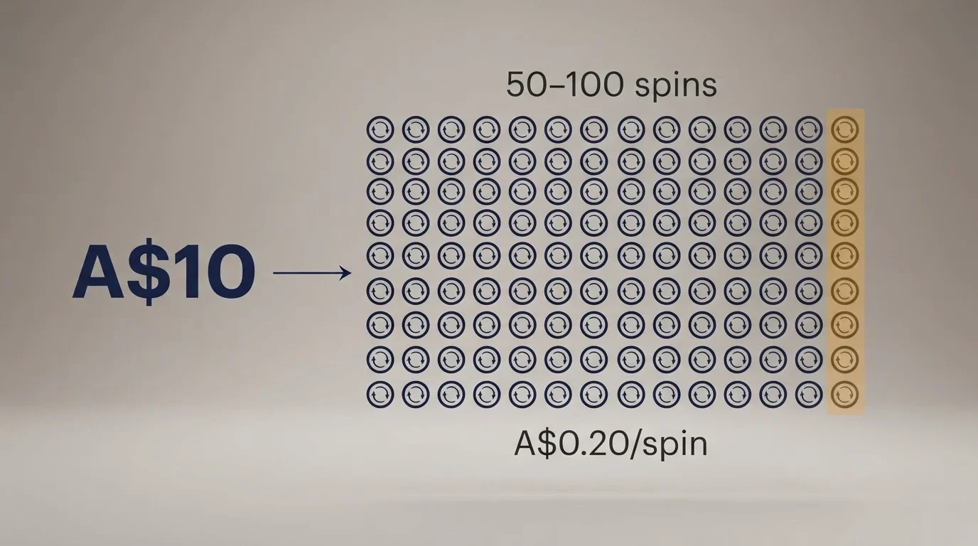 An infographic breaking down a A$10 deposit into 50–100 individual spins at A$0.10–A$0.20 each, with a portion shaded to represent the house edge