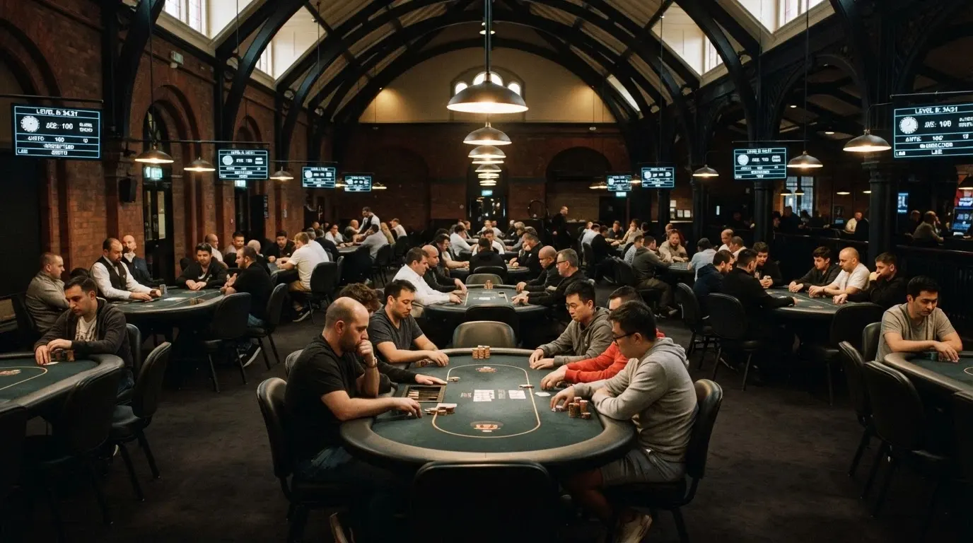 The District Poker room interior on Level 1, nine felt-topped tables with tournament clocks and dealer positions visible