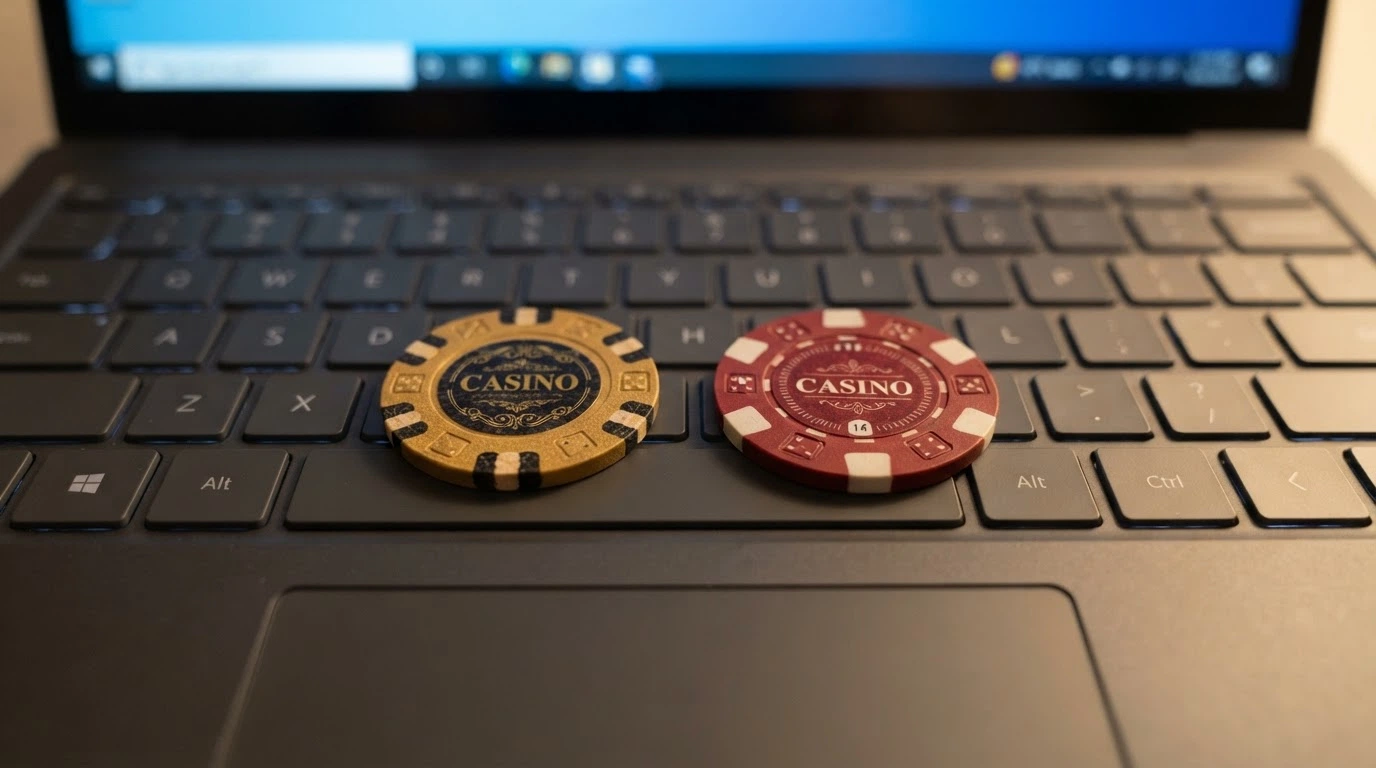 An Australian one-dollar coin resting on a laptop keyboard beside a casino chip