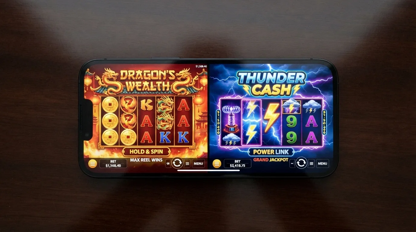 A split-screen mobile view of Dragon Link and Lightning Link title screens side by side on a smartphone