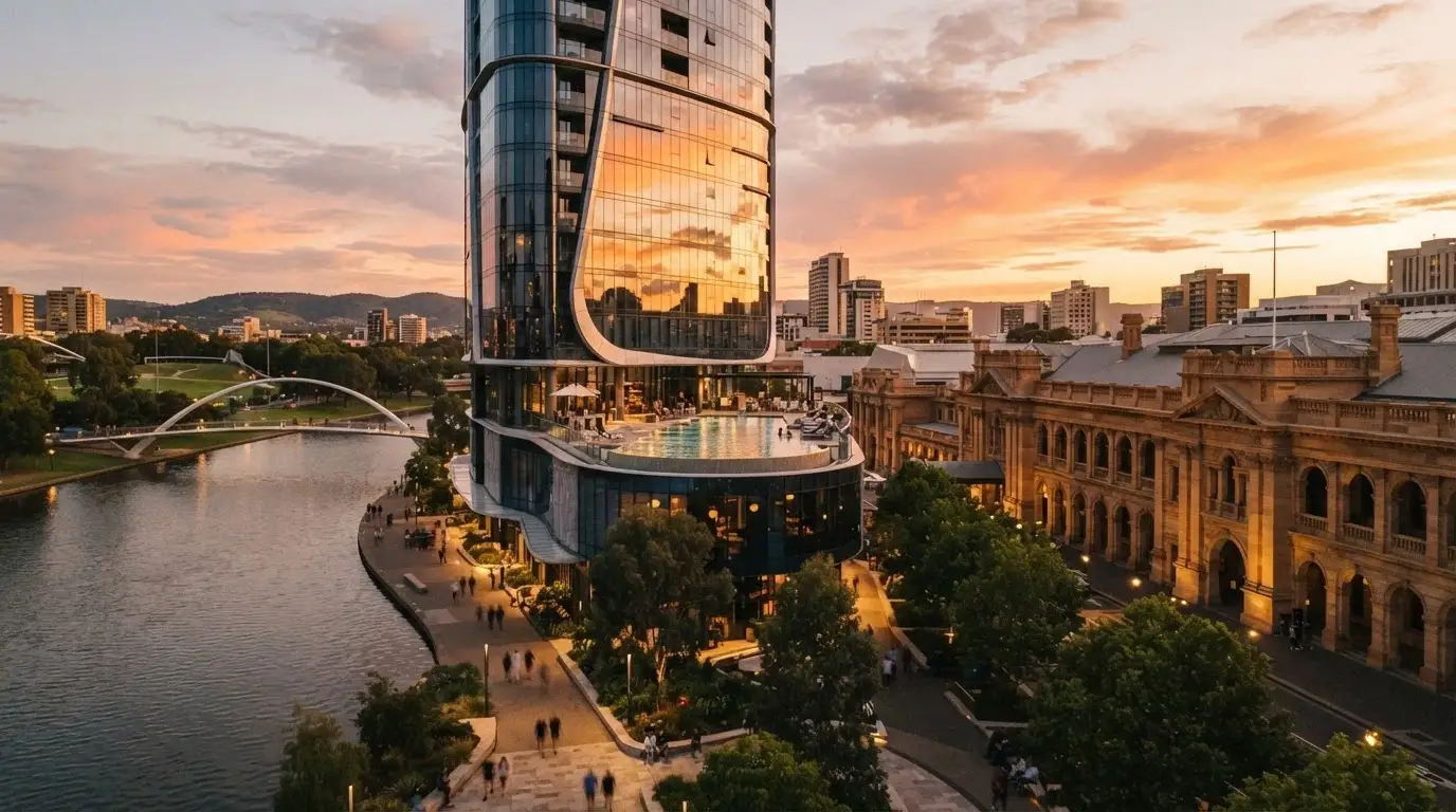Eos by SkyCity hotel exterior with rooftop pool and city views across the Riverbank precinct
