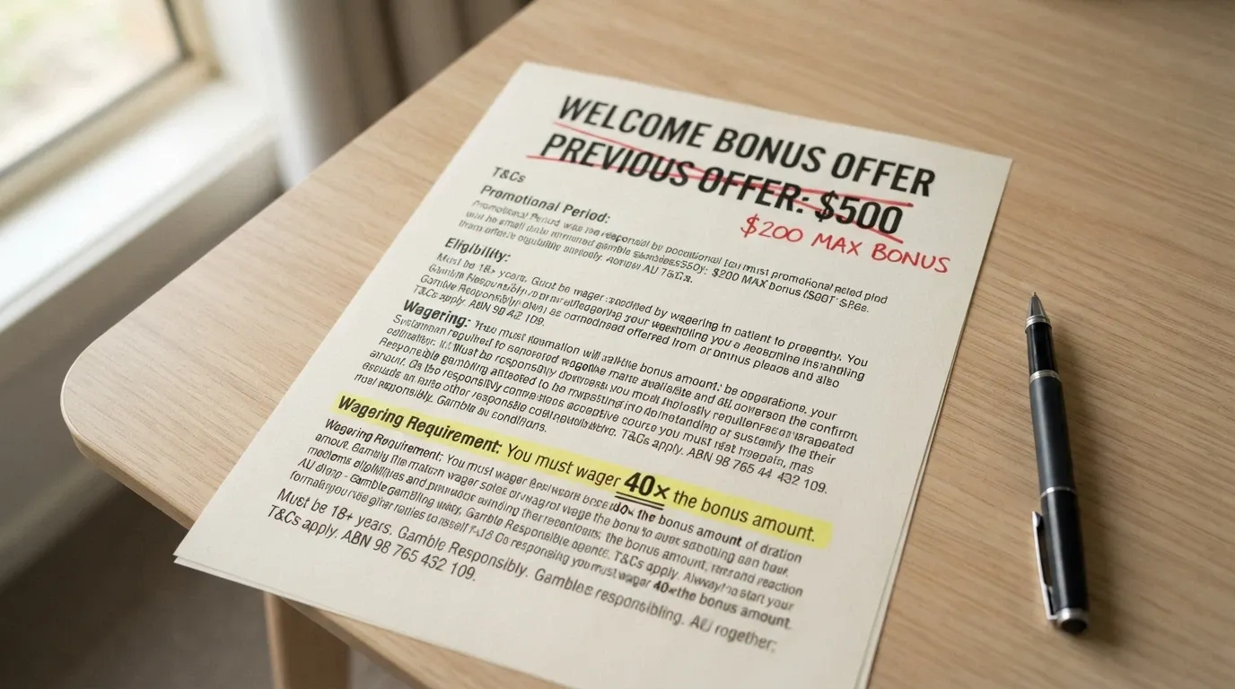 A close-up of bonus terms and conditions with the wagering requirement, game-weighting percentages and a crossed-out headline bonus figure