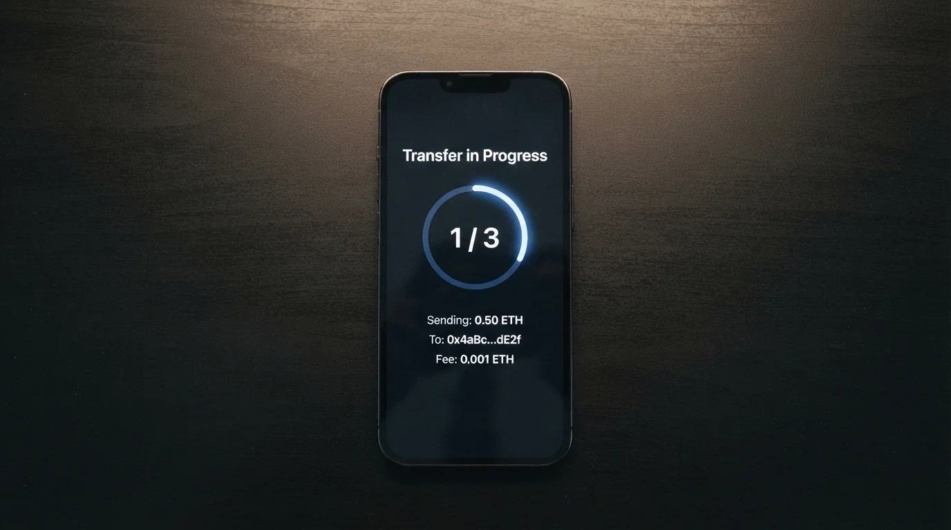 A smartphone displaying a wallet-to-casino ETH transfer interface with a confirmations counter showing one of three blocks confirmed