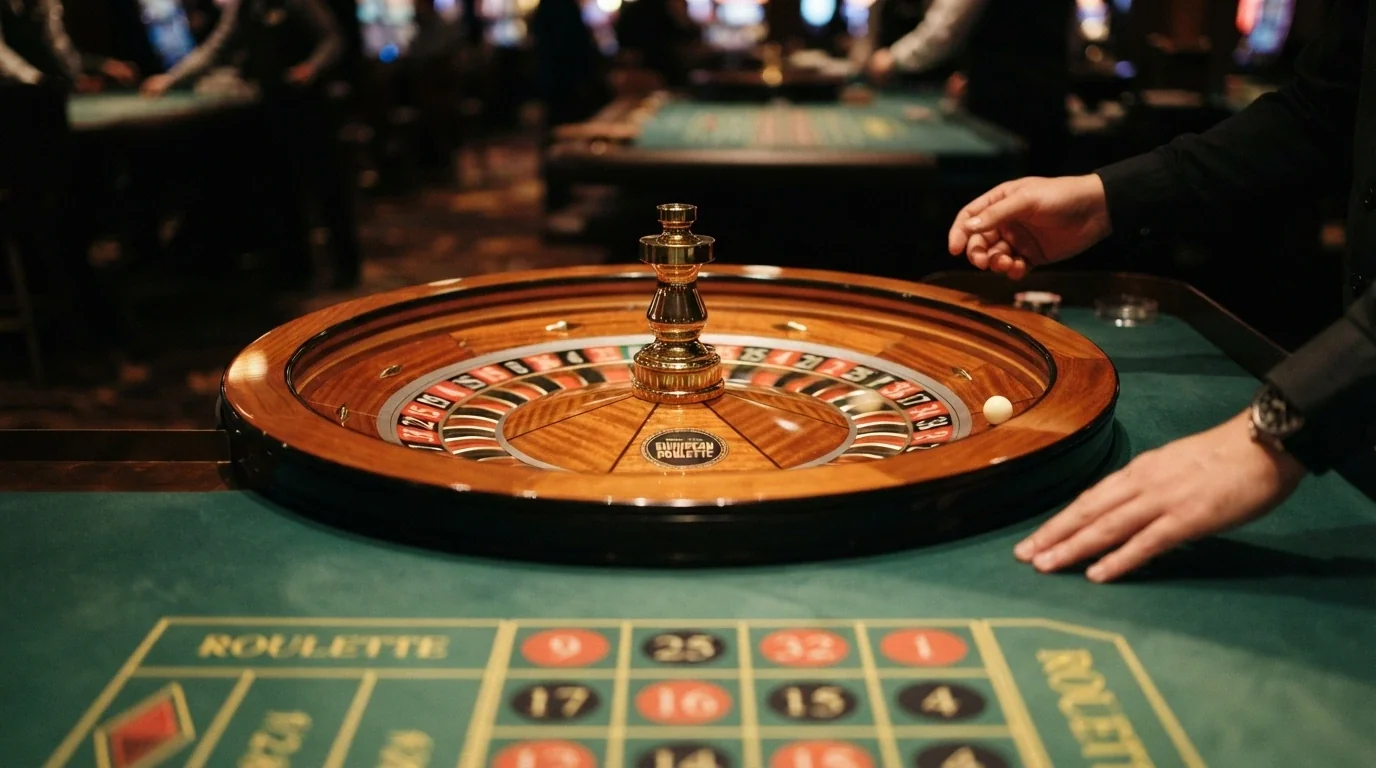 A European single-zero roulette wheel mid-spin with the ball bouncing across the numbered pockets, a croupier's hand at the edge of frame
