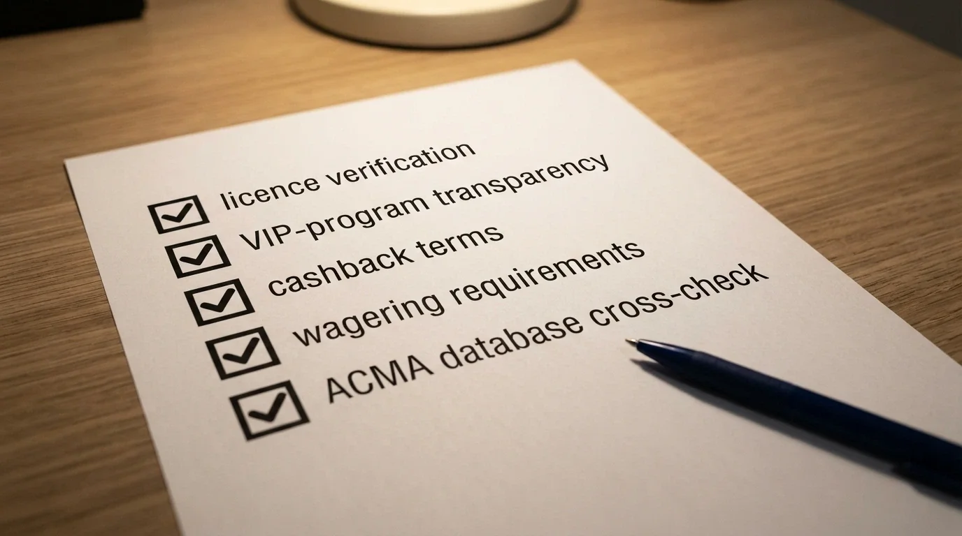 A checklist document with ticked items including licence-verification, VIP-program transparency, cashback terms and wagering requirements, and ACMA database cross-check
