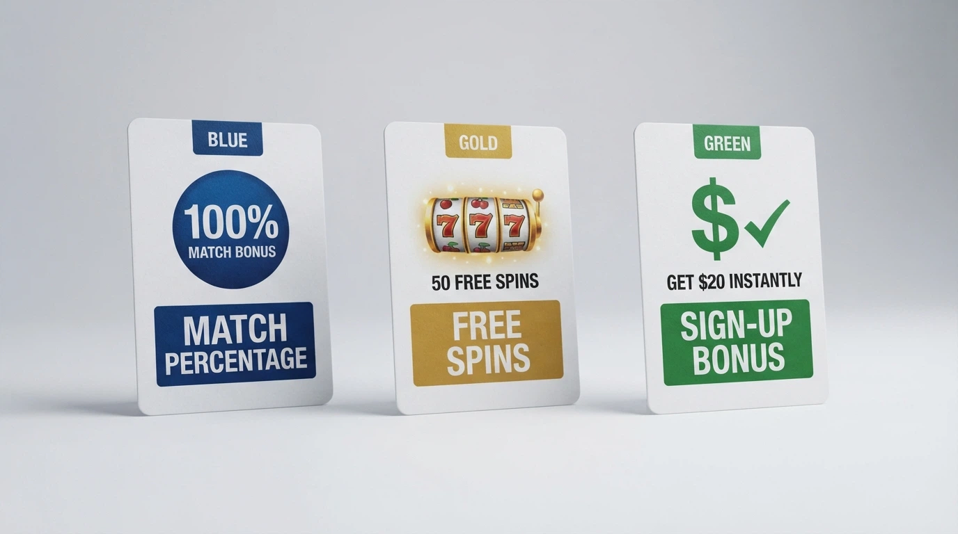 Three offer cards side by side — a deposit match, a free-spins bundle, and a no-deposit sign-up — each with its key term called out in a box