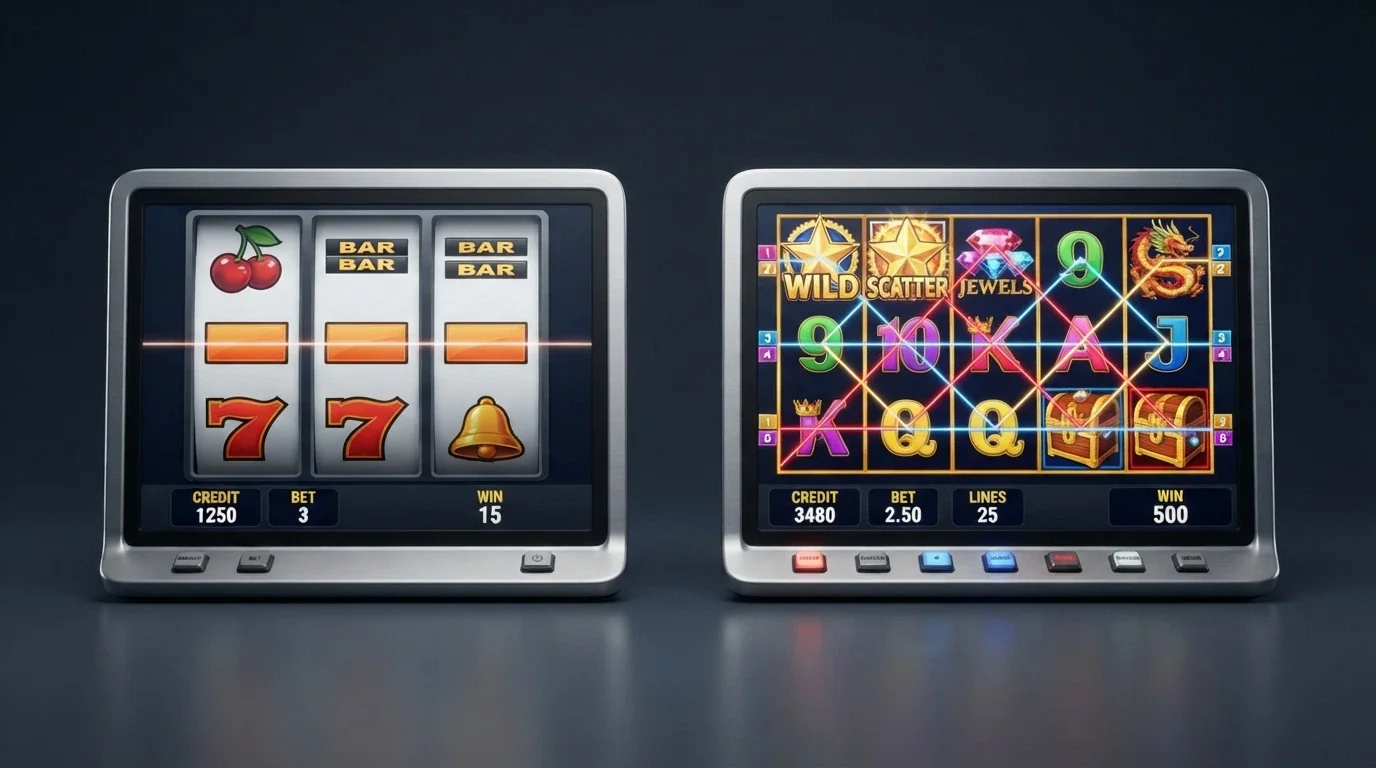 A side-by-side comparison graphic showing a 3-reel pokie with a single payline next to a 5-reel pokie with 25 paylines lit across the grid