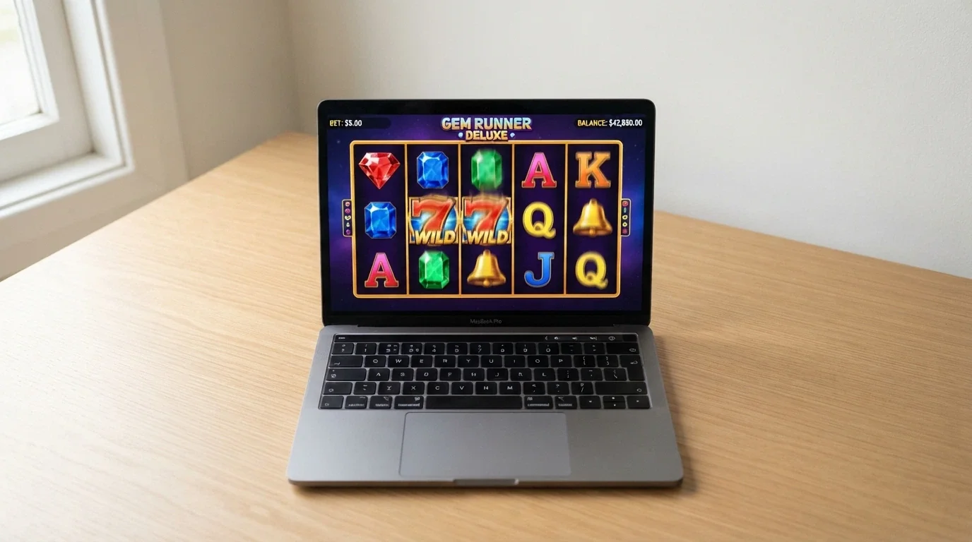 A laptop screen showing a 5-reel pokie in demo mode with a play-money balance displayed and no registration form visible