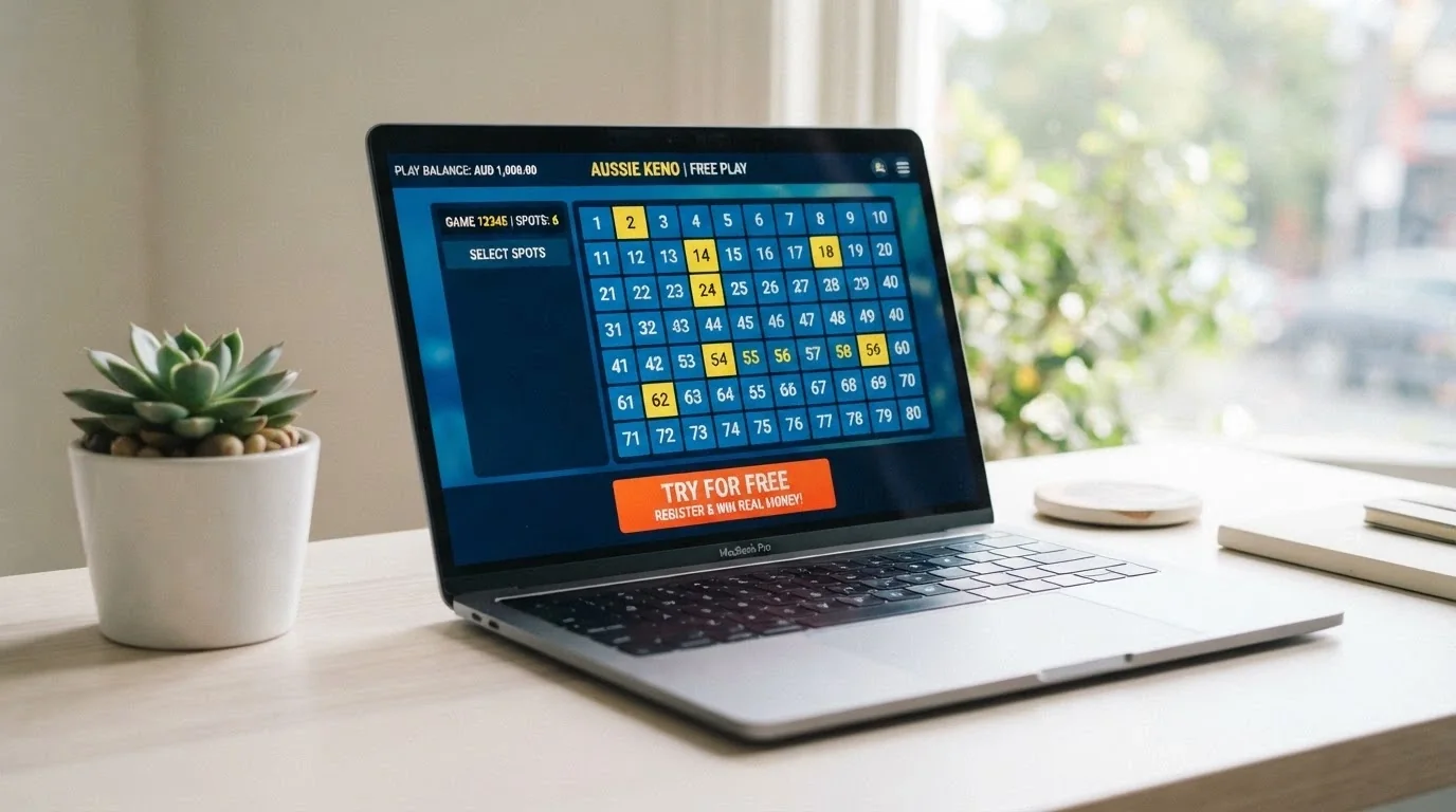 A laptop screen showing a demo-mode keno game with a play-money balance displayed in Australian dollars and a clearly labelled Try for Free button