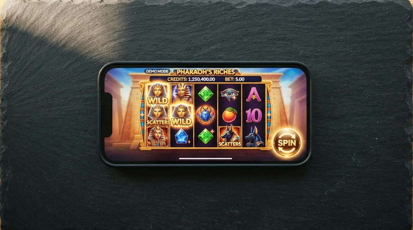 An Android phone screen displaying a pokies game in demo mode with a large play-money balance and a spin button