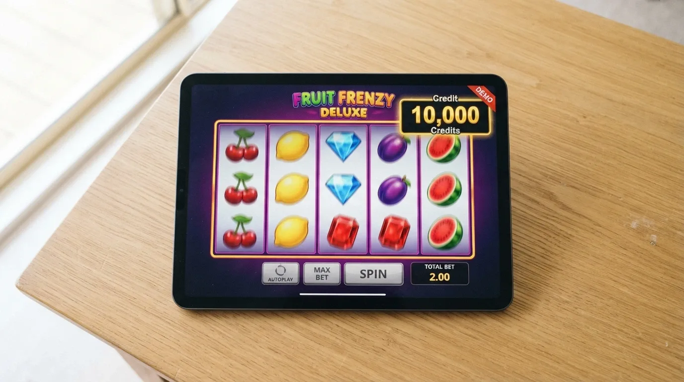 An iPad showing a pokies game in demo mode with a virtual-credit balance displayed in the corner