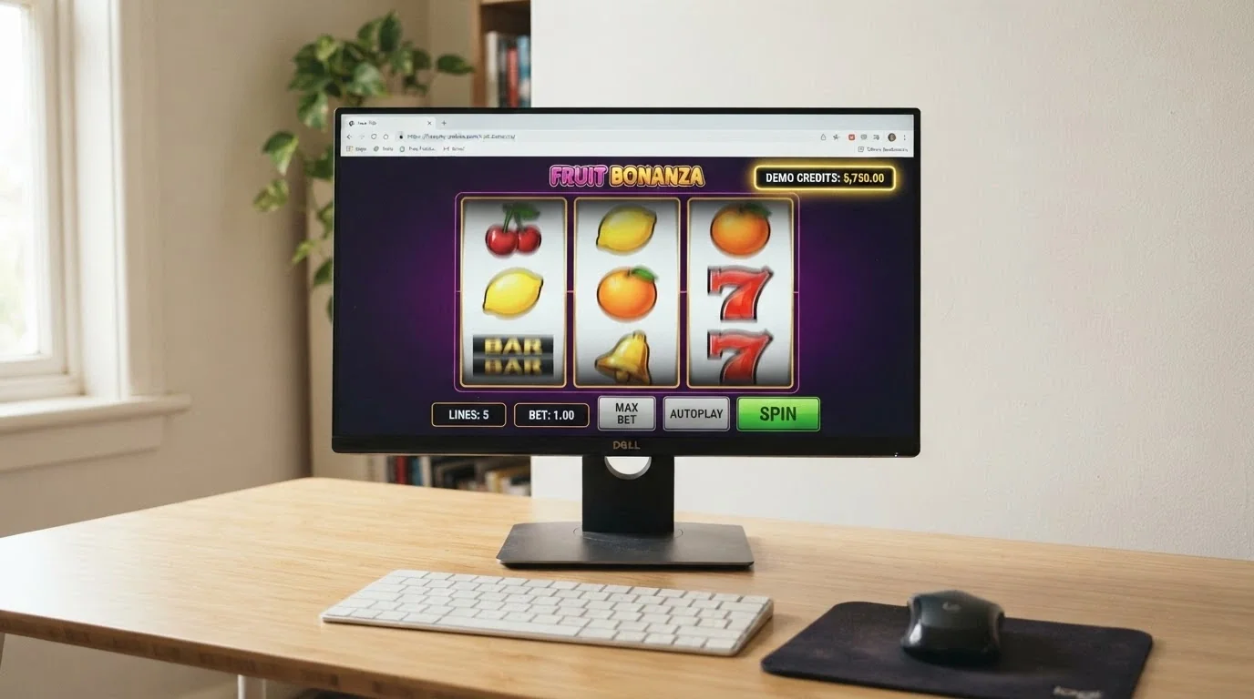 A desktop browser window displaying a free-play 3-reel pokie game with a demo-credit balance counter in the corner