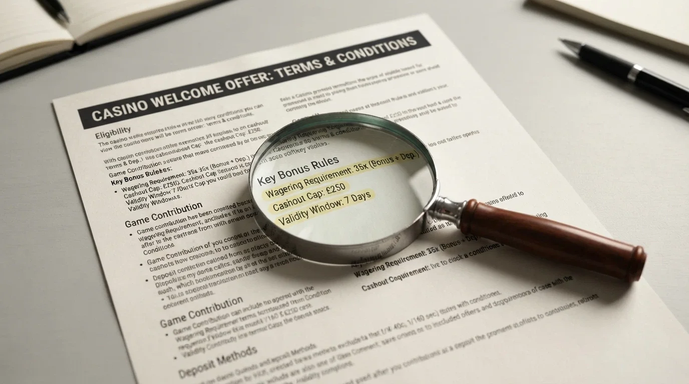 A close-up of a casino promotion terms box with a magnifying glass highlighting the wagering requirement, cashout cap and validity window in yellow marker