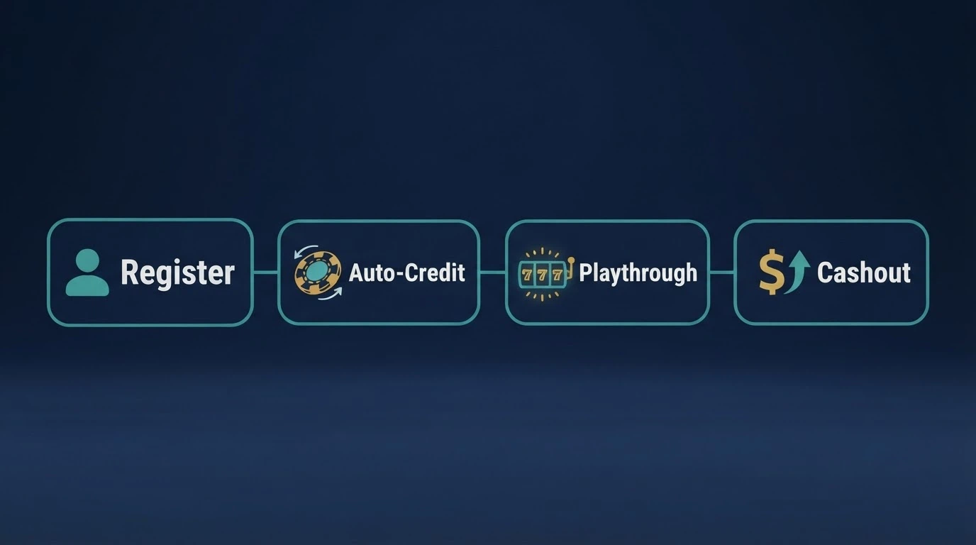 A simplified flow diagram showing the four stages of a no-deposit free-spin claim: registration, auto-credit, playthrough and cashout, each labelled