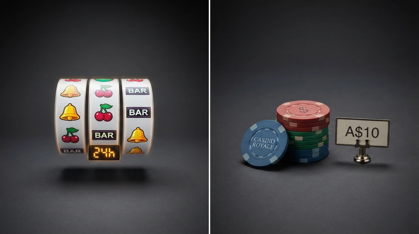 A split visual: left side shows a slot reel with “free spins” label and a countdown clock, right side shows a casino-chip stack labelled “free chip” with a value tag