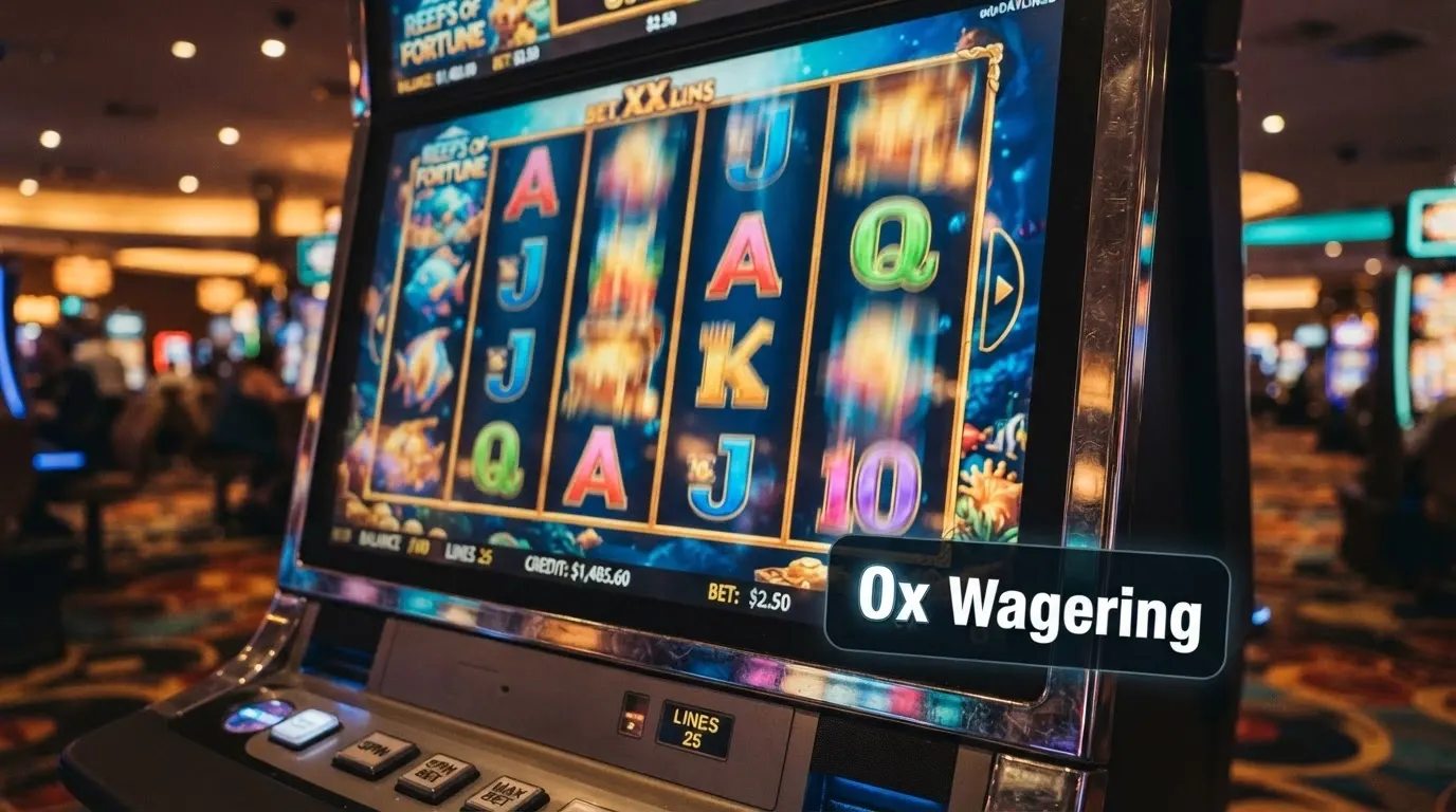 A row of online pokies reels mid-spin with a “0x Wagering” badge overlaid on the screen