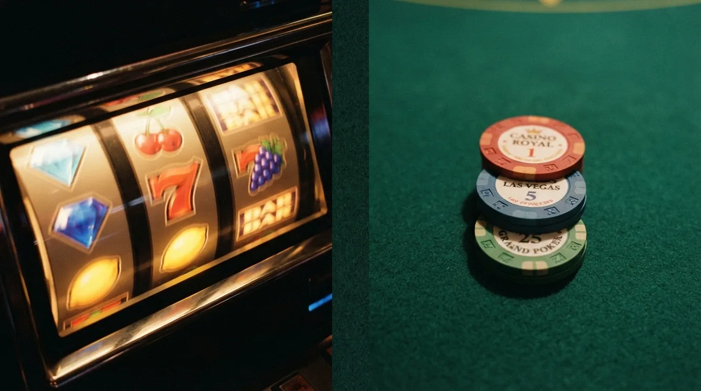 A split-screen comparison: a row of pokie reels on one side and a stack of casino chips on the other, each labelled “No Deposit”