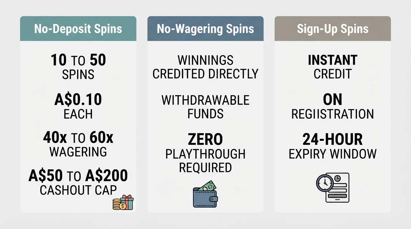 A side-by-side comparison grid showing different free spin bonus types with their wagering multiples and cashout caps highlighted