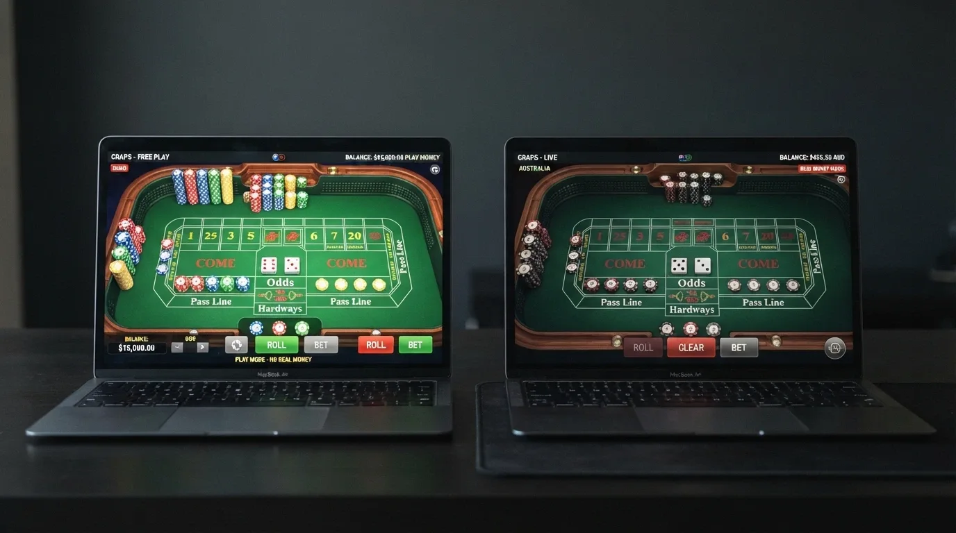 A split comparison showing a demo-mode craps interface on one side with play-money chips and a real-money interface on the other with AUD balances