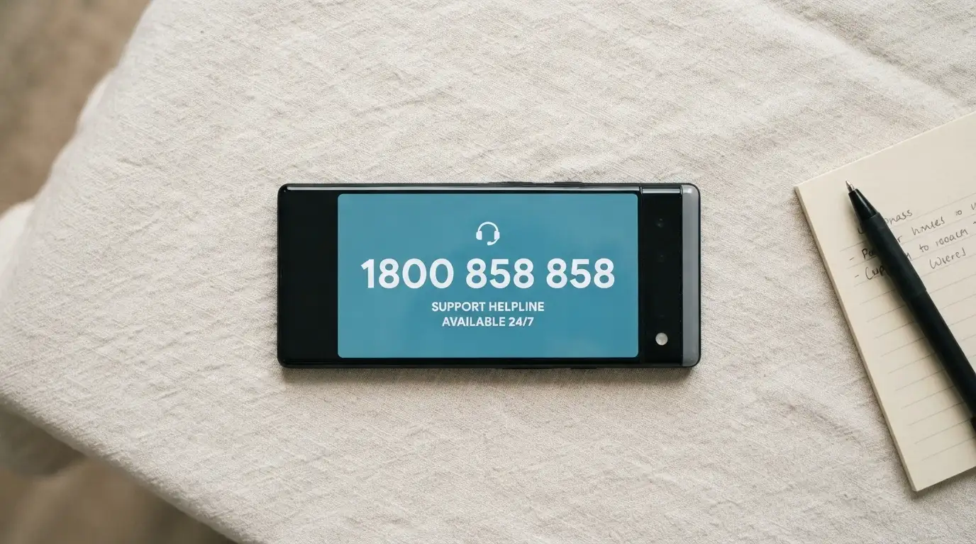 A smartphone displaying the number 1800 858 858 against a calm, supportive-coloured background