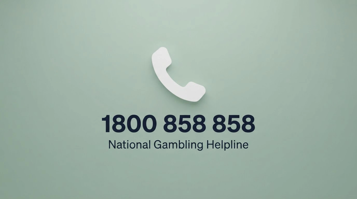 A calm, supportive graphic showing the 1800 858 858 National Gambling Helpline number in large, clear type on a muted background