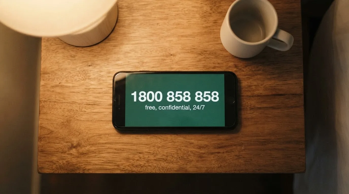 A phone screen displaying 1800 858 858 — the National Gambling Helpline — with the words “free, confidential, 24/7” beneath the number