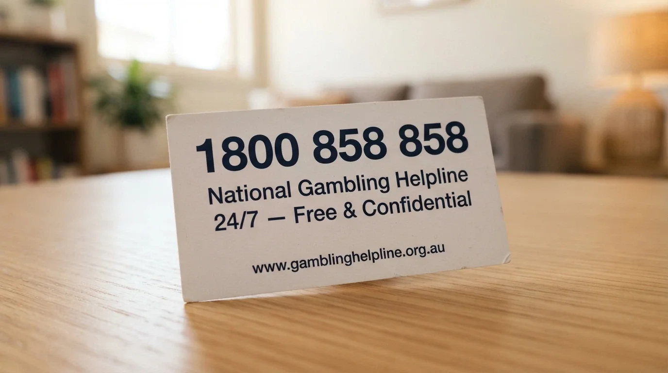 A clean rendering of the National Gambling Helpline card — 1800 858 858 — with the 24/7 availability label and the Gambling Help Online URL