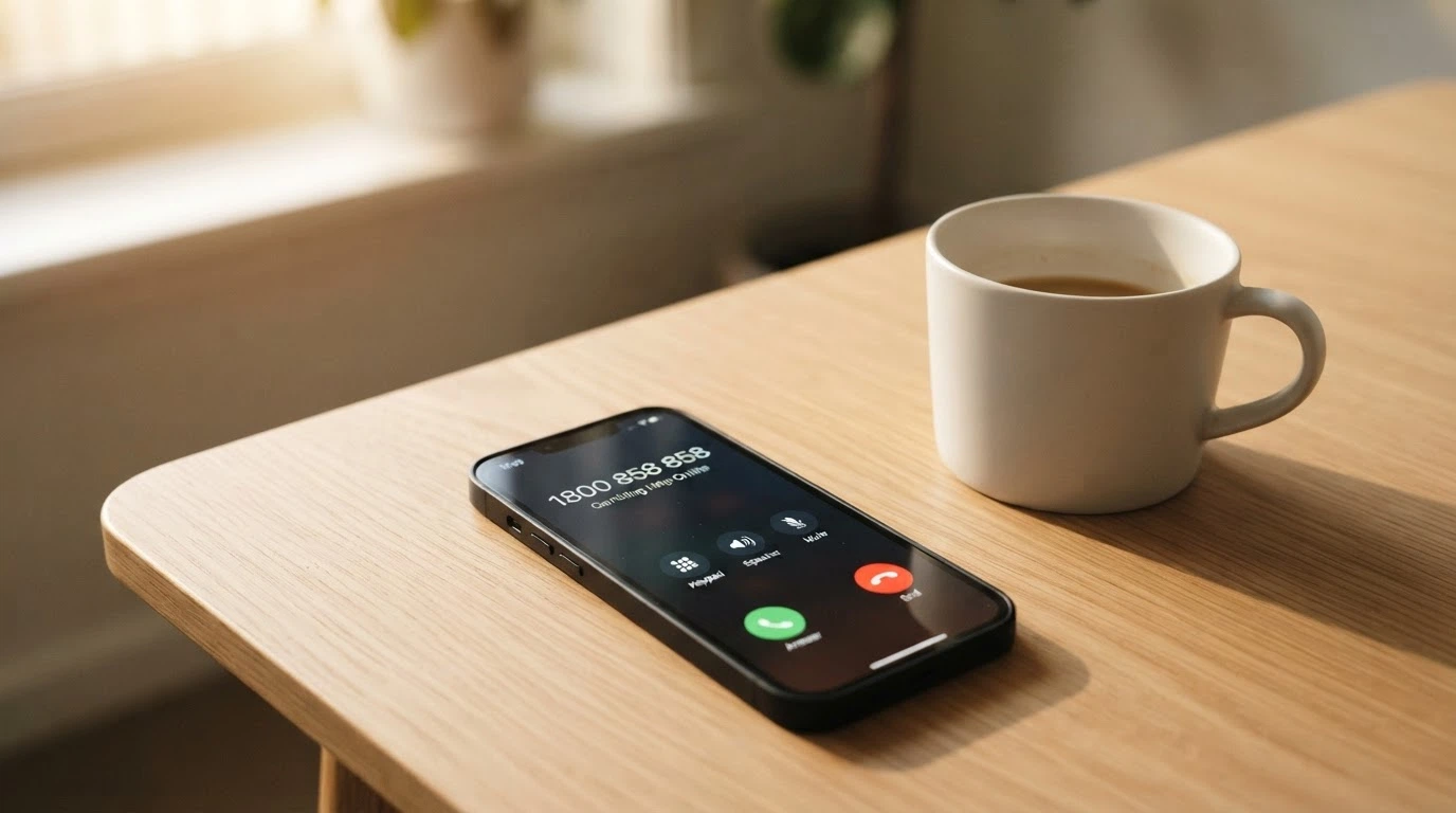 A smartphone screen showing a call to 1800 858 858 with the words Gambling Help Online beneath it, on a desk next to a cup of coffee