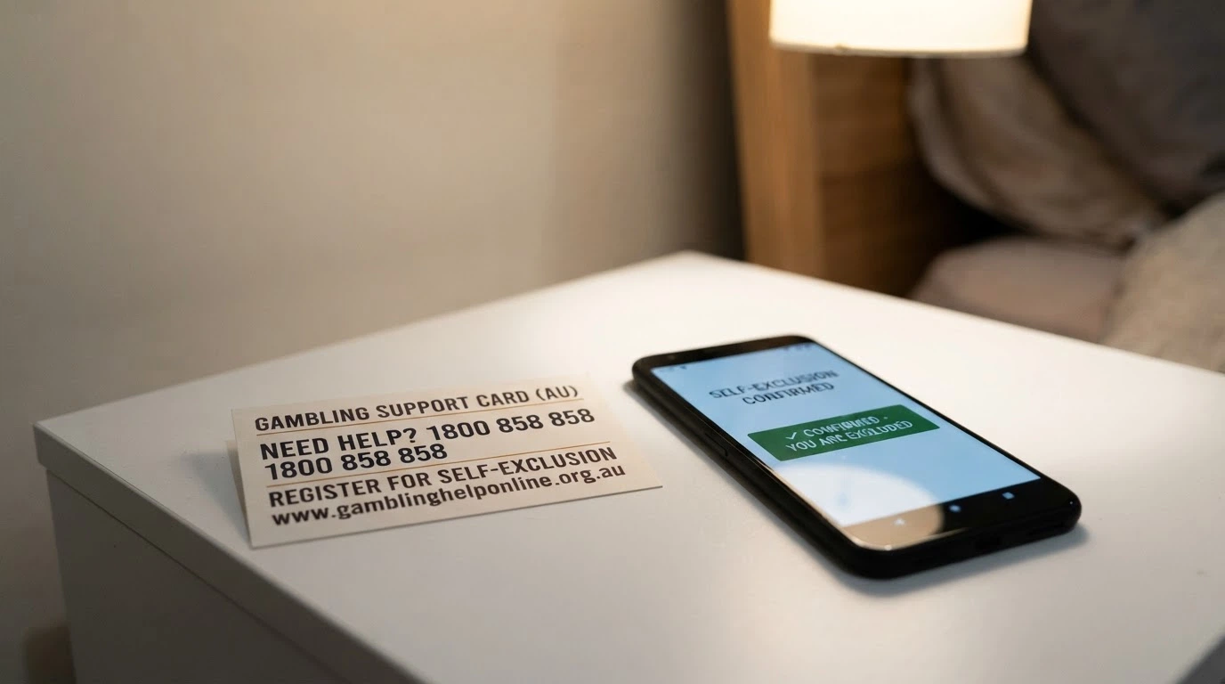 A close-up of a support card showing the 1800 858 858 National Gambling Helpline number and the BetStop logo, on a desk beside a smartphone