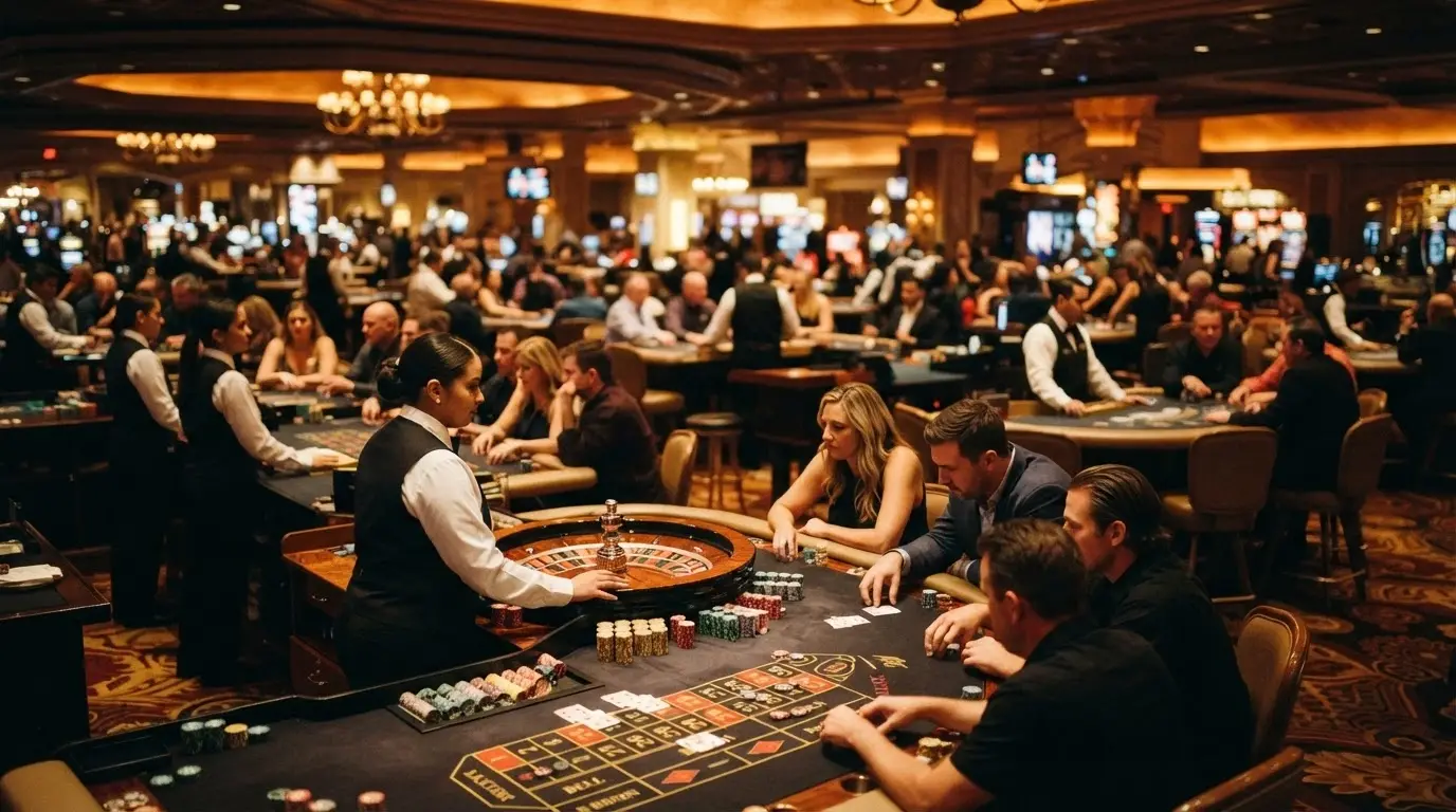 Casino Canberra's main gaming floor with its 39 tables — blackjack, roulette and baccarat dealers in action under warm casino lighting