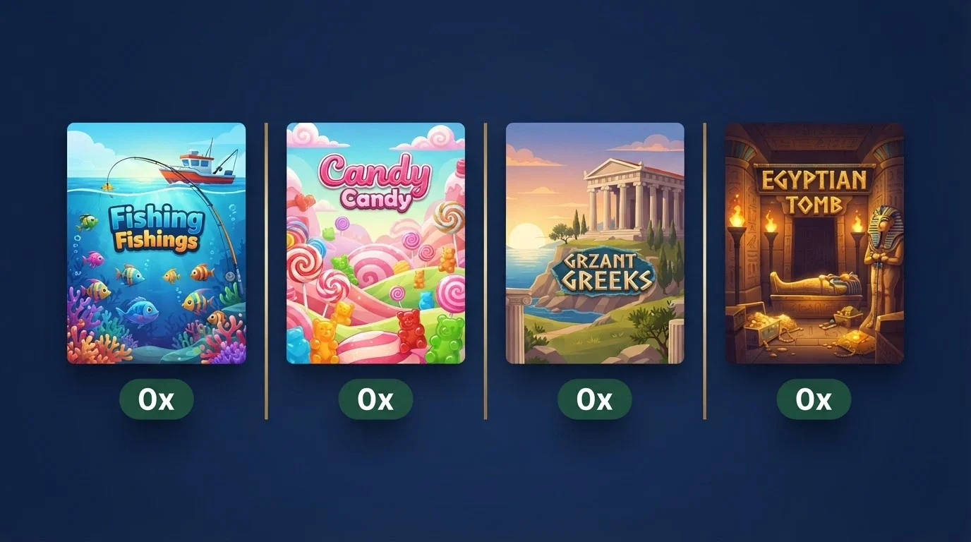 A row of five online pokies title cards — Big Bass Splash, Sweet Bonanza 1000, Gates of Olympus 1000, Book of Dead — each with a “0x Wagering” badge overlaid