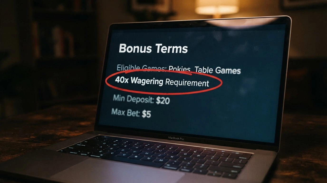 A close-up of a casino bonus terms pop-up with the wagering requirement line circled in red
