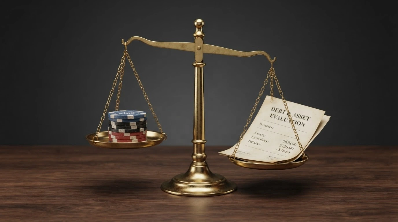 An old-fashioned balance scale with casino chips on one side and an Australian consumer-protection document on the other, tilting toward the document