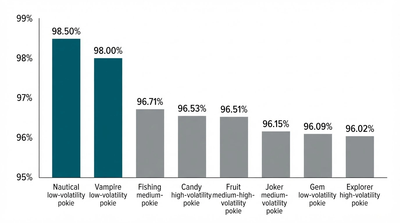 A bar chart comparing RTP percentages of eight popular pokies, with Blood Suckers and 1429 Uncharted Seas visibly ahead of the pack