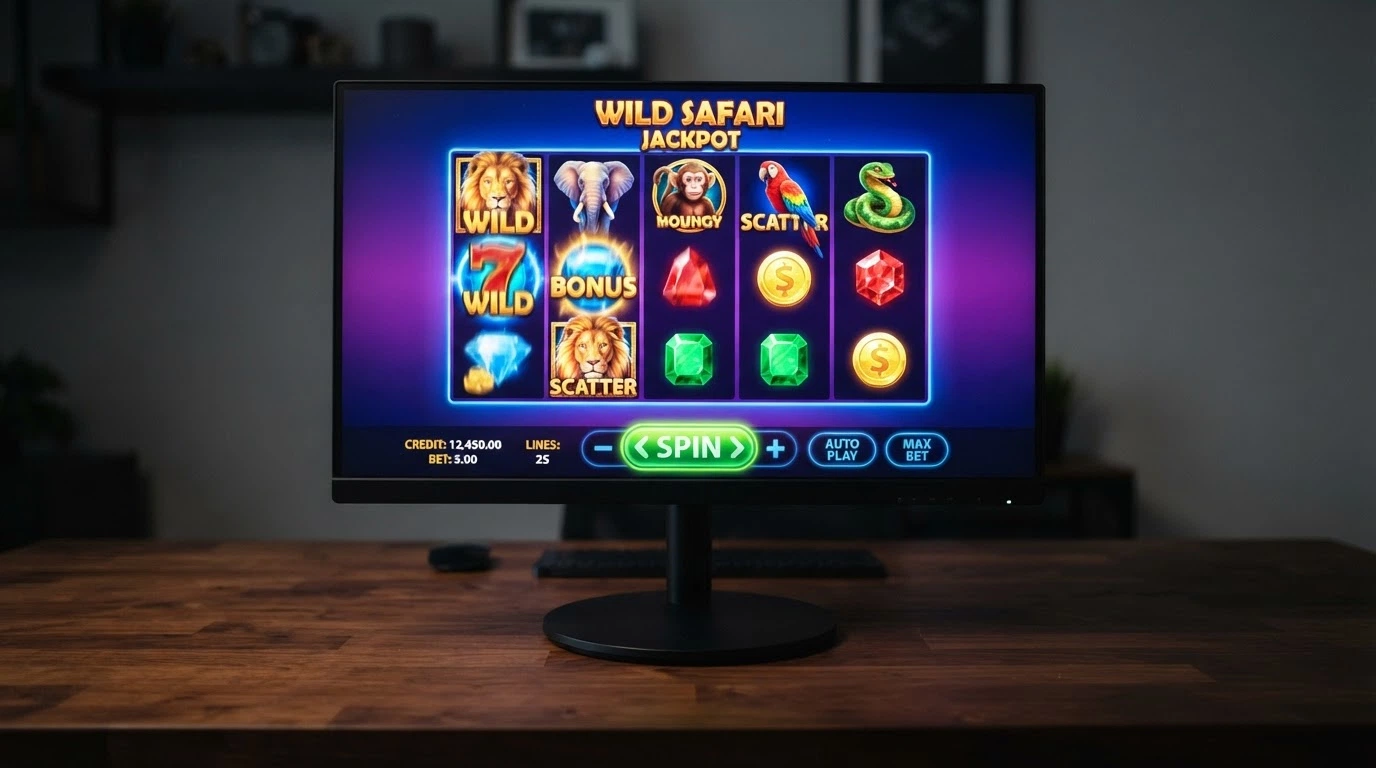 Reels of a bright-coloured online pokie on a desktop monitor with the spin button highlighted