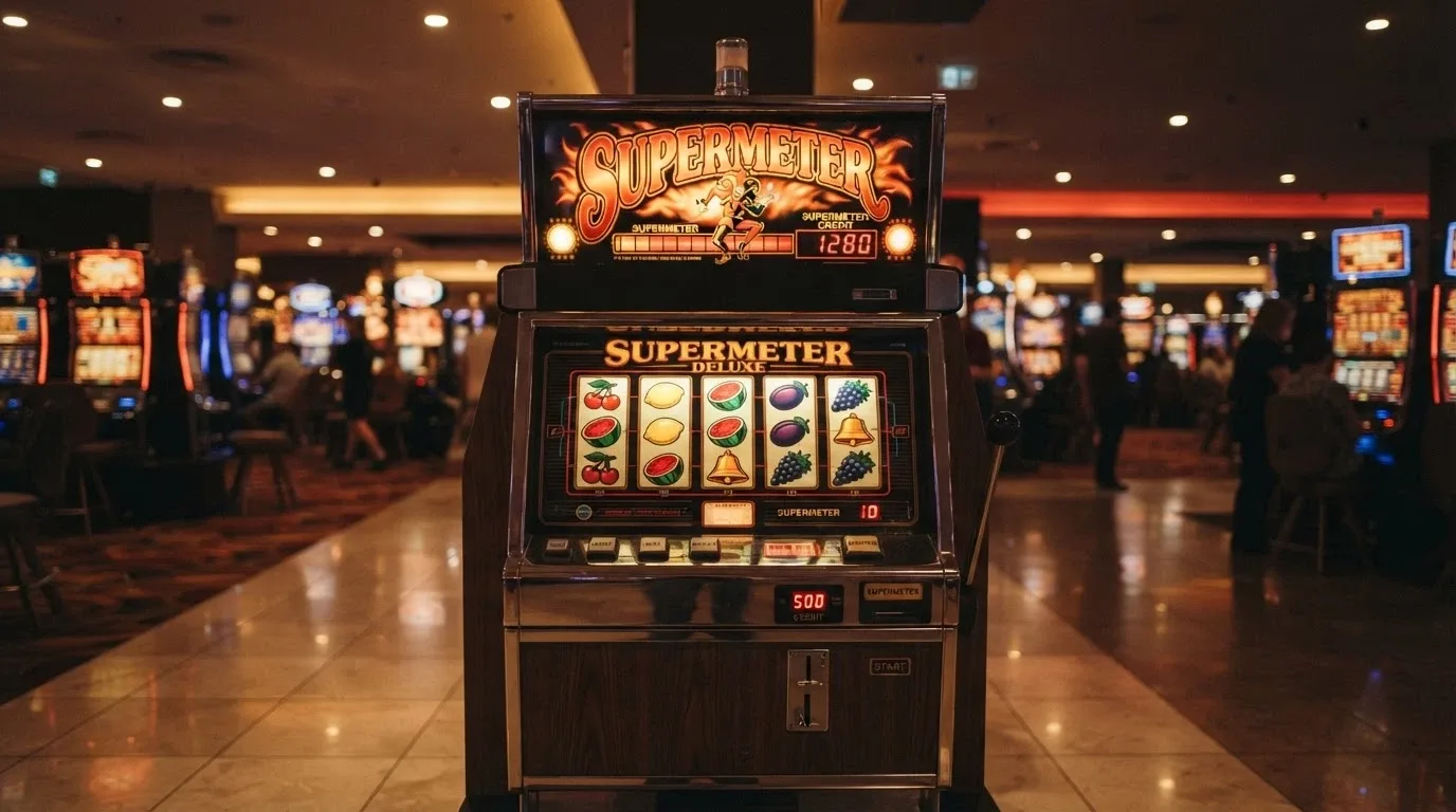 The Mega Joker slot reels in Supermeter mode with the 99.00% RTP callout overlaid on a casino-lobby background
