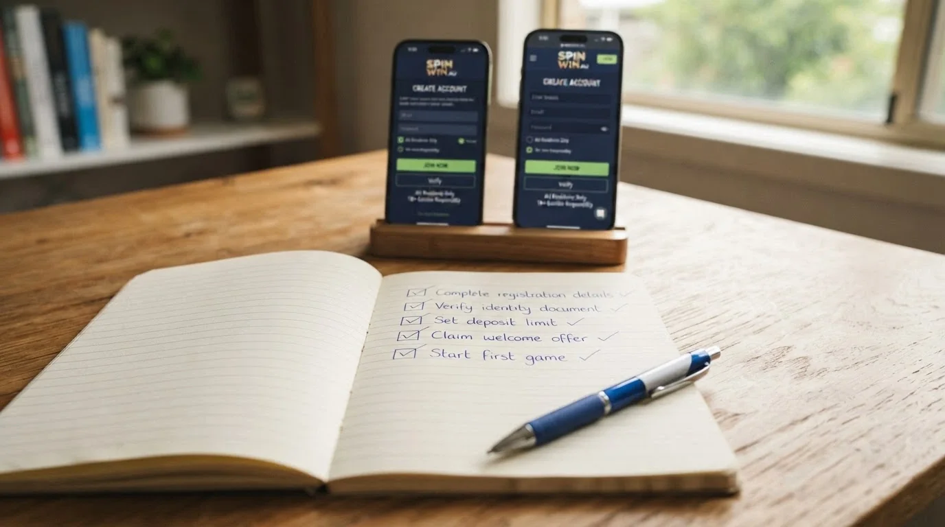 A checklist on a notepad with five items ticked off, a pen resting across it, a smartphone in the background showing a casino registration screen