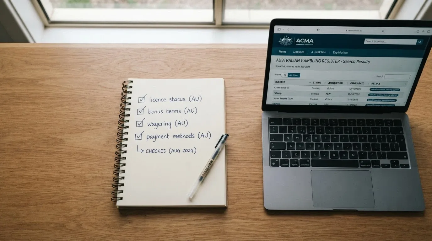 A desktop workspace with a notepad listing criteria — licence status, bonus terms, wagering, payment methods — and a laptop open to the ACMA register