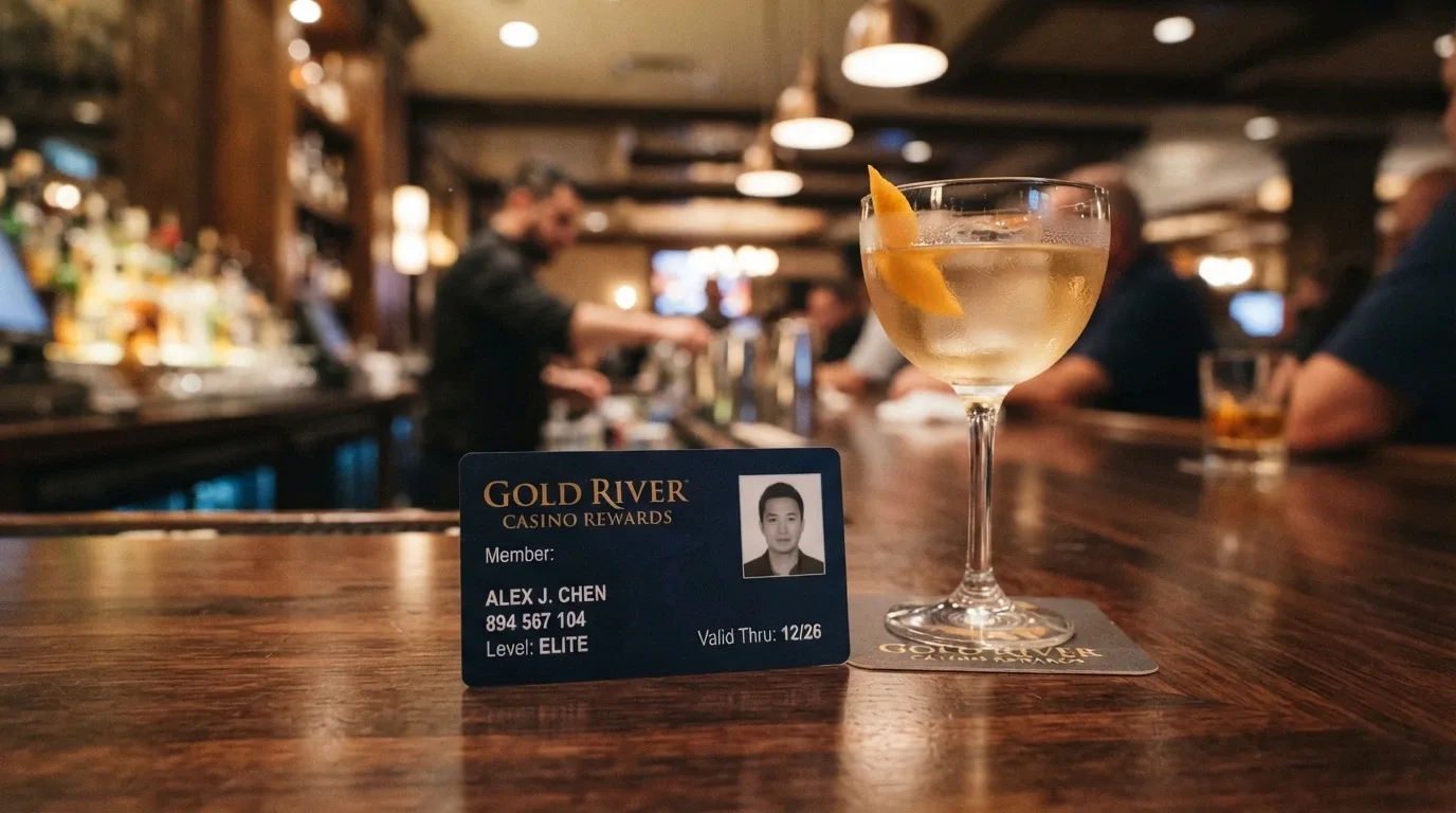 An Infinity Rewards membership card showing the member's name, number and photo, alongside a complimentary drink